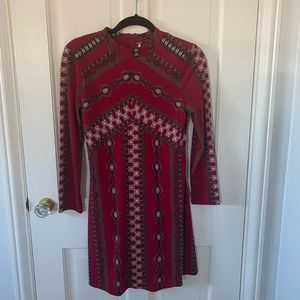 Free people. Long sleeve red patterned mini dress
